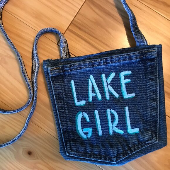 Handmade Crossbody Bag: Lake Girl Theme Cell Phone Holder, Recycled Denim Purse - Picture 3 of 11